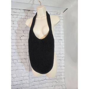 La Rue Womens Black Crotcheted Hobo Bag